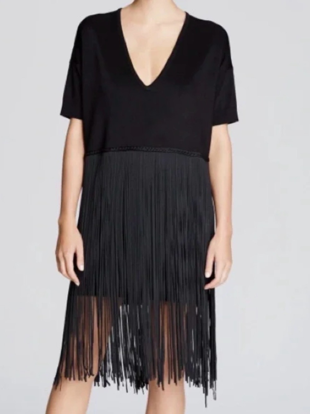 French Connection Black V-Neck Fringe Midi Dress